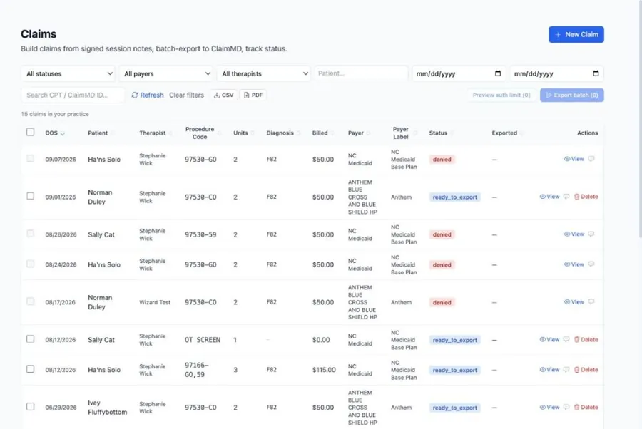 Claims, ERAs and accounting in MyTherapyWizard