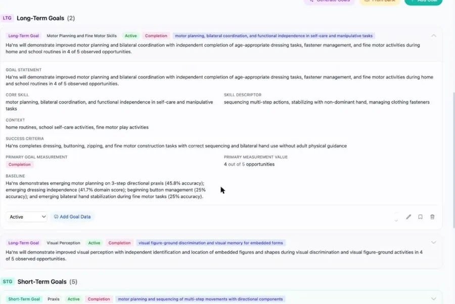 Plans of care and goal bank in MyTherapyWizard