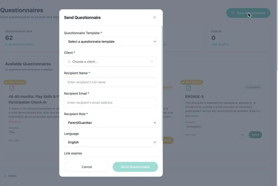 Client / caregiver questionnaires in MyTherapyWizard